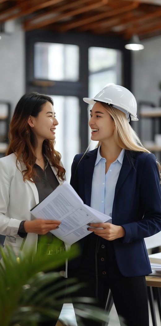 Wide shot photograph. A female construction site manager, wearing a suit and a white hard hat, discussing a project with her colleague inside a beautiful office, realistic photography. --no close up --ar 2:3 --style raw --sref https://s.mj.run/ObKH5f3U9Ww --sw 700 --stylize 600 Job ID: 24f56970-6b19-49ae-a3db-1cd8c1d4b38c